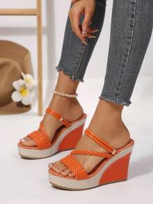 Women's Linen Platform Wedge Sandals, Summer Woven Stone Pattern Dual-Wear Orange Beach Vacation High Heel Slippers - Orange - View 3