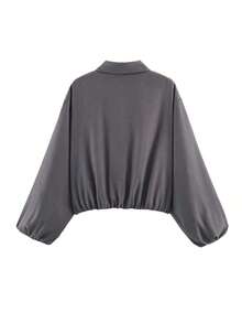 Chaqueta con bolsillo con cremallera de lunares rosas para mujer - Abrigo casual suelto con solapa para primavera/otoño - Gris Oscuro - Ver 6
