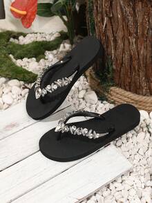 Evertop Surf New Arrival Spring/Summer Sparkling Rhinestone Sandals, Flat Thong Slippers, Fashionable Jeweled Outdoor Slip-On Beach Flip Flops For Women - Black - View 3