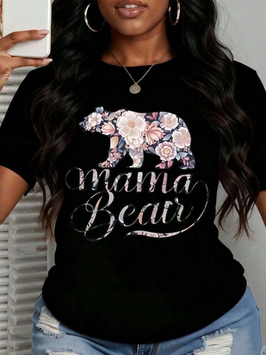 1 Pieza de Camiseta Casual de Moda para Hombres y Mujeres, Divertida, con Cuello Redondo, Estampado Floral de Oso, Mama Bear, 100% Algodón, para Uso Diario, Fiestas, Vacaciones, Opción de Regalo. Versátil, fácil de combinar, para uso diario, estilo urbano, ropa de vacaciones, ropa de fin de semana. - Negro - Ver 1