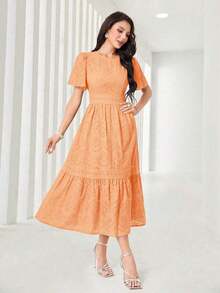 Vestido midi de mujer con cuello redondo, mangas con volantes, bordado y dobladillo con volantes - Naranja - Ver 3