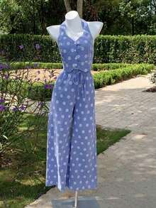 Conjunto de top de tirantes y pantalones casuales relajados con estampado de margaritas bordadas en cuadros azules y blancos para mujer en otoño/invierno - Azul y blanco - Ver 4