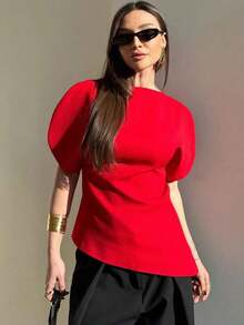 HH Blusa con mangas de pétalo y cintura ceñida, Vestido de fiesta de unicolor de manga corta y cuello redondo ajustado, Ropa de mujer asimétrica de verano - Rojo - Ver 2