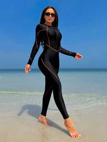 Bikinx Traje de baño deportivo de manga larga con cremallera, ajustado, con ribete de contraste de unicolor, para vacaciones de verano en la playa - Naranja Quemada - Ver 4