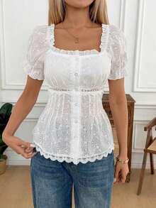 Blusa de mujer de estilo casual, elegante y bohemio para oficina o vacaciones, con cuello cuadrado, volantes, mangas abullonadas, encaje y parches, cinturón, tela con textura de jacquard bordado - Blanco - Ver 5