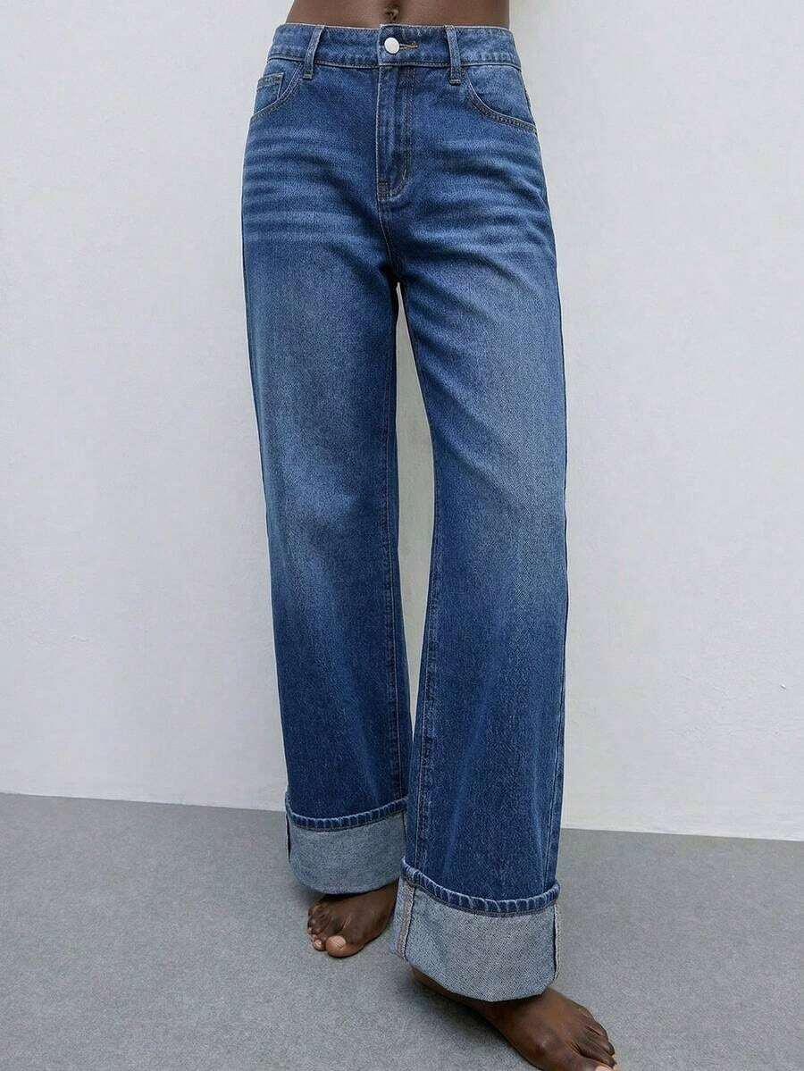 Maija Jeans anchos de pierna ancha, minimalistas y sueltos con puños para mujer - Azul lavado oscuro 2 - Ver 1