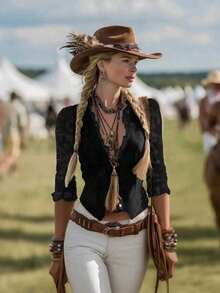 Camisa de mujer de manga larga con cuello en V y estilo bohemio, con adorno de encaje y parches de ante sintético. Camisa de verano, parte superior. Ideal para vacaciones - Negro - Ver 7