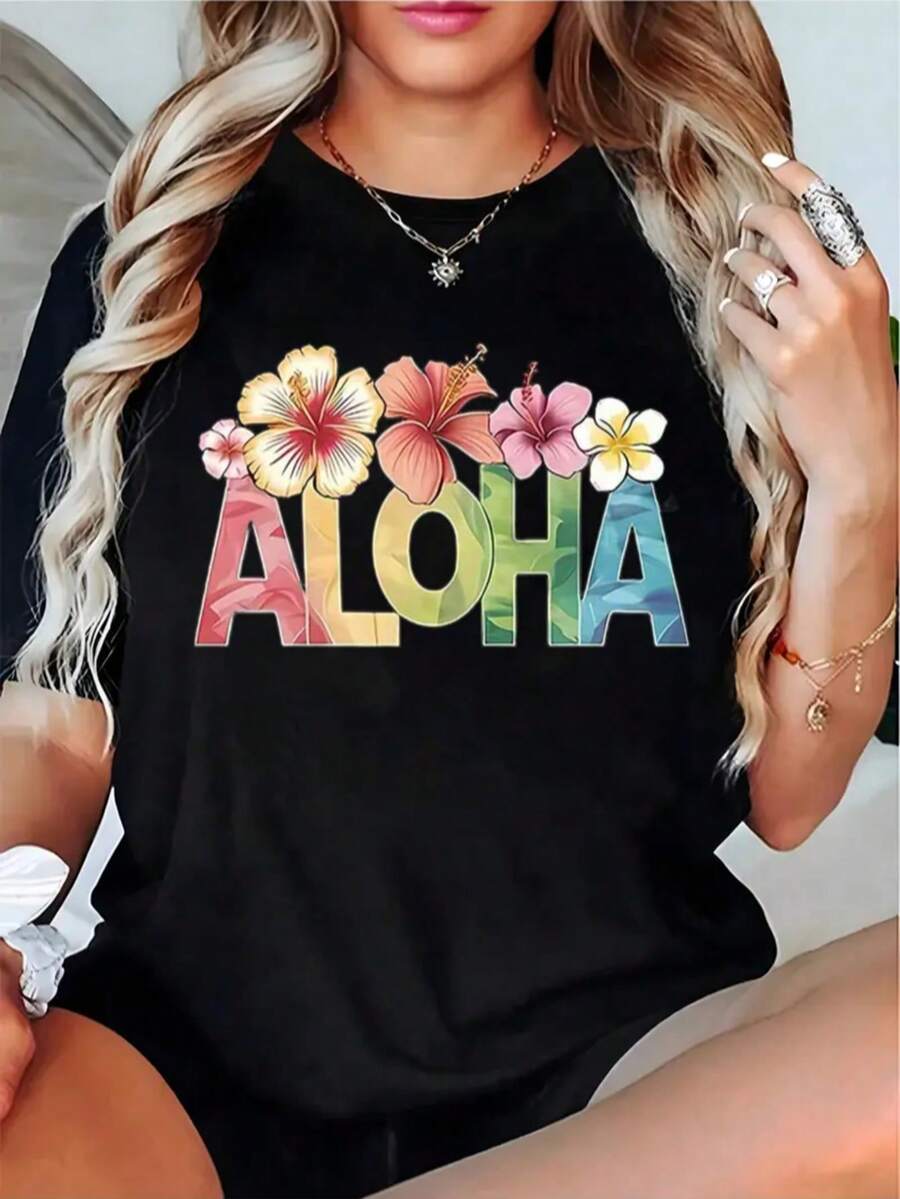 Camiseta Hawaiana Plus Size para Mujer - Estampado Vibrante de Hibisco y Plumeria, Manga Corta Cuello Redondo Casual, Transpirable y Lavable a Máquina, Top de Verano Talla Grande - Negro - Ver 1