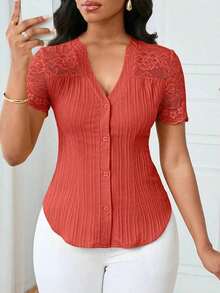 Camisa casual de mujer de unicolor y estilo simple para uso diario, verano - Naranja - Ver 1
