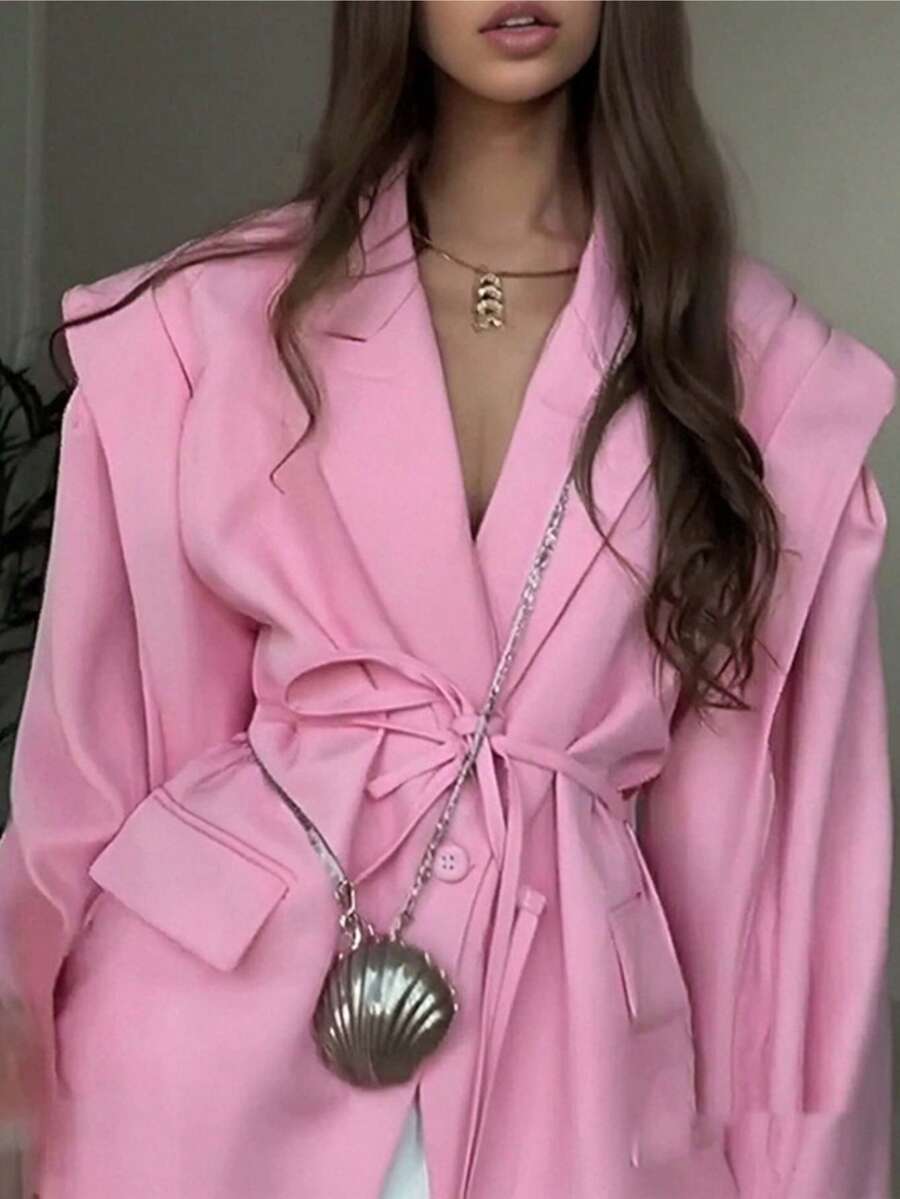 Blazer primavera 2026, color liso ajustado con cordón, estilo versátil elegante - Rosa - Ver 1