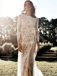 Vestido largo de encaje manga larga espalda descubierta elegante para mujer - Blanco - Ver 3