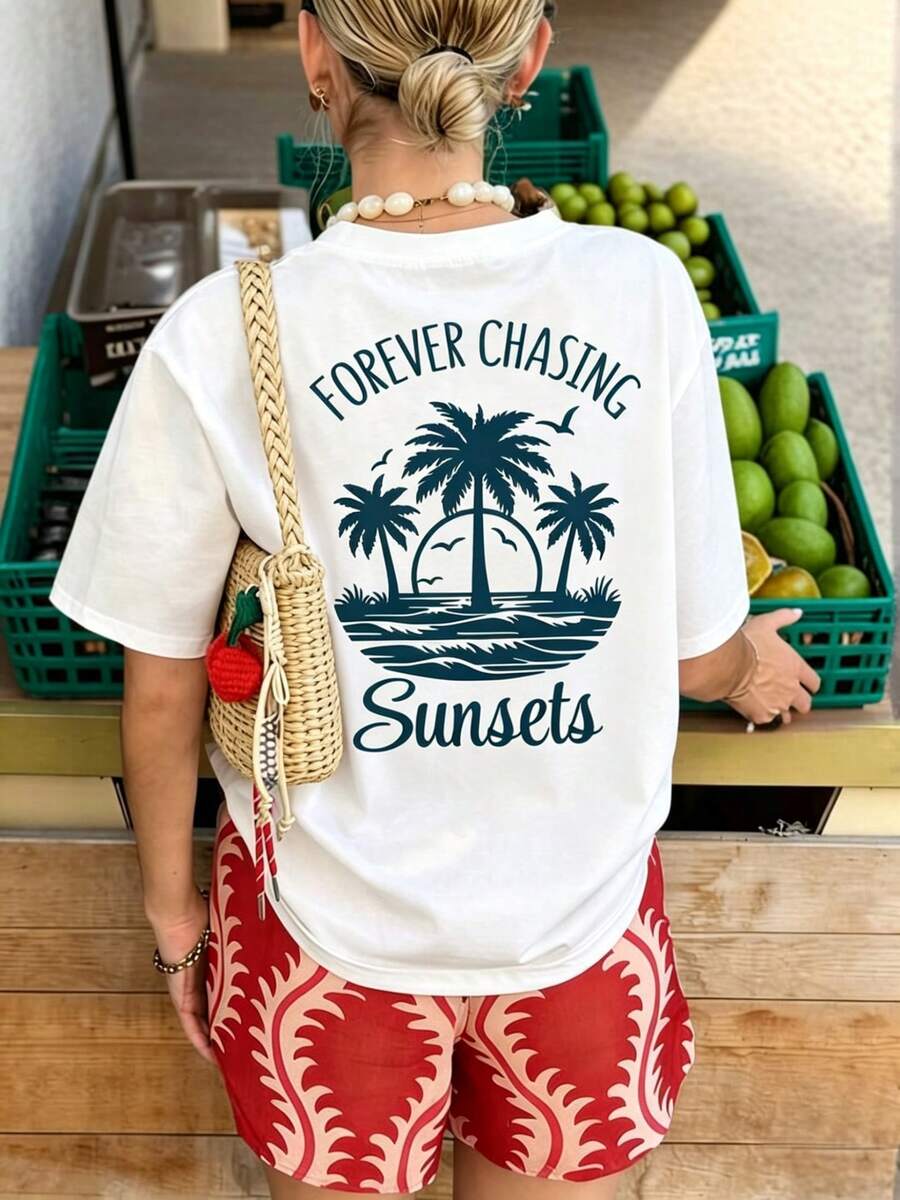 Women's Short-Sleeved T-Shirt With Round Neck And Graphic Print Of Palm Trees And Sunsets, Blue, Suitable For Casual Wear, Outdoor Activities, Vacations, All Seasons, Summer. - 白色 - 查看 1