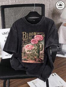 It's Trus Korean Fashion Y2K Comfortable Retro Street Style Casual Dress With Desert Cactus Floral Print And Custom Lettering, Cotton, Short Sleeve, Round Neck, Black, Wash - 黑色 - 查看 6