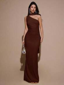 Vestido de malla ajustado con drapeado asimétrico, elegante y sexy vestido de gala para fiesta, boda, cumpleaños, Navidad, Halloween - Amarillo claro - Café integral - Ver 3