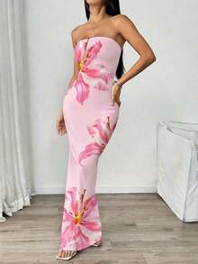 Vestido midi ajustado bandeau con estampado floral, estilo de vacaciones en la playa para mujer - Multicolor 7 - Ver 4