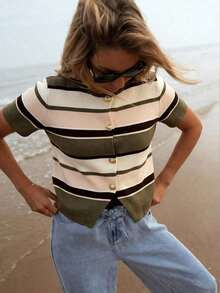 Blusa de punto holgada de manga corta con cuello redondo de estilo casual para mujer, estilo universitario con rayas marrones y azules, blusa de verano, blusa de estilo universitario estadounidense, adecuada para uso diario, blusa de verano, blusa - Multicolor 2 - Ver 8