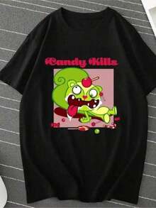 Camisetas estampadas de moda para mujer, tops de estilo urbano de gran tamaño, camisetas de verano cómodas y elegantes que combinan con todo. Camiseta con estampado gráfico de dibujos animados Tree Friends Candy Kills para mujer y hombre, camiseta kawaii de moda urbana, regalo divertido para novia, estilo Y2K. - Negro - Ver 1