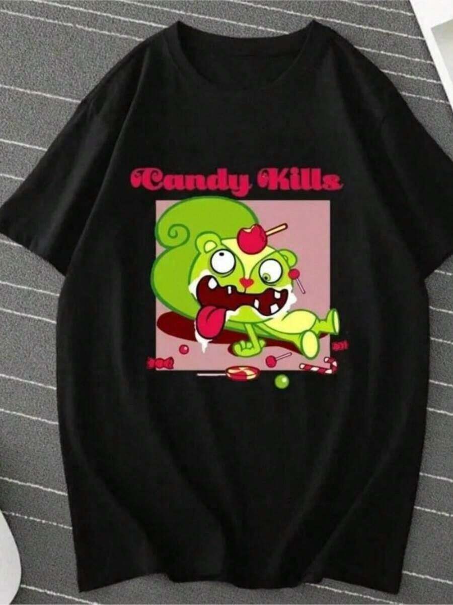 Camisetas estampadas de moda para mujer, tops de estilo urbano de gran tamaño, camisetas de verano cómodas y elegantes que combinan con todo. Camiseta con estampado gráfico de dibujos animados Tree Friends Candy Kills para mujer y hombre, camiseta kawaii de moda urbana, regalo divertido para novia, estilo Y2K. - Negro - Ver 1