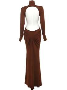 Vestido largo liso cuello alto verano 2025, ajustado elegante con espalda descubierta estilo moda - Marrón - Ver 5