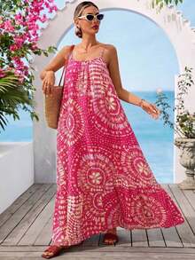 Vestido informal de tirantes de mujer con estampado total, Vestido de tirantes a lunares - Rosa Fucsia - Ver 4