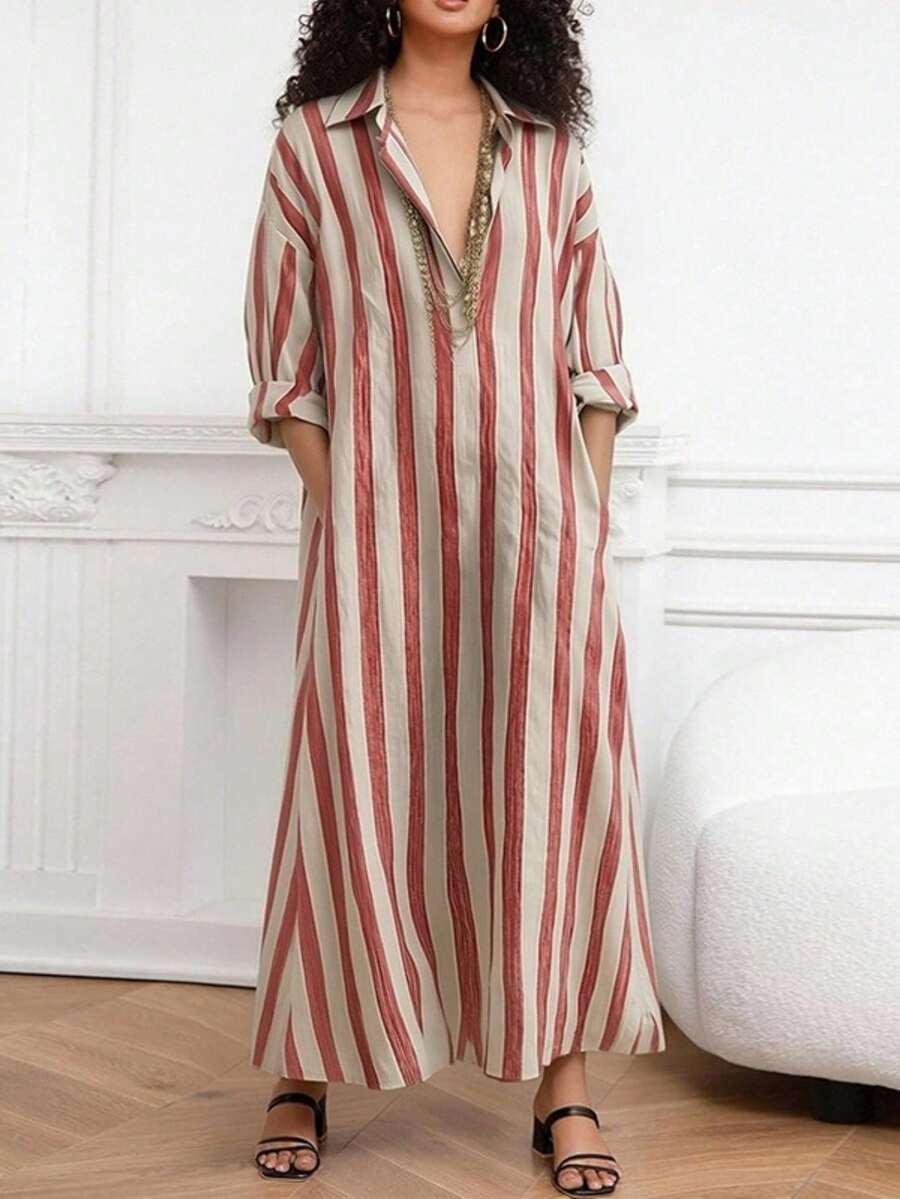 Vestido largo primavera 2026, cuello V holgado a rayas, estilo oficina elegante - Rojo - Ver 1