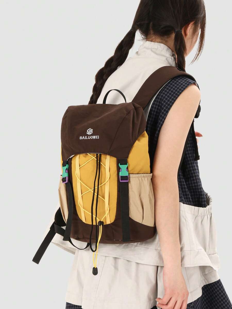 1pc Multicolor Contrast Functional Drawstring Backpack, Versatile Daypack For Commuting, Hiking, Traveling, Suitable As Holiday/Gift - Multicolor - View 1
