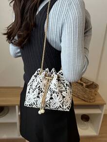Bolso de hombro tipo cubo mini con cadena de encaje de moda - Blanco y Negro - Ver 2