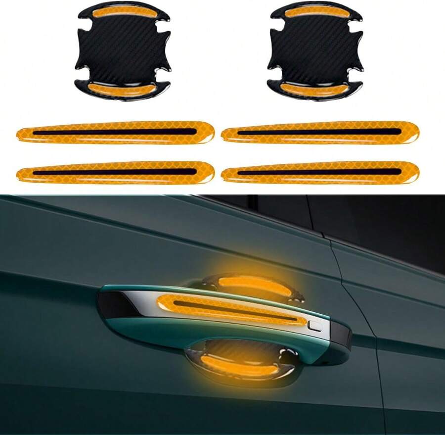 BDZMC 8PCS Reflective Car Door Handle Protector Sticker, Carbon Fiber Auto Door Handle Cup Paint Guard Protective Film, Anti-Scratches Car Door Handle Bowl Sticker, Self-Adhesive &Amp; Non-Marking(Yellow) - ColorD - View 1