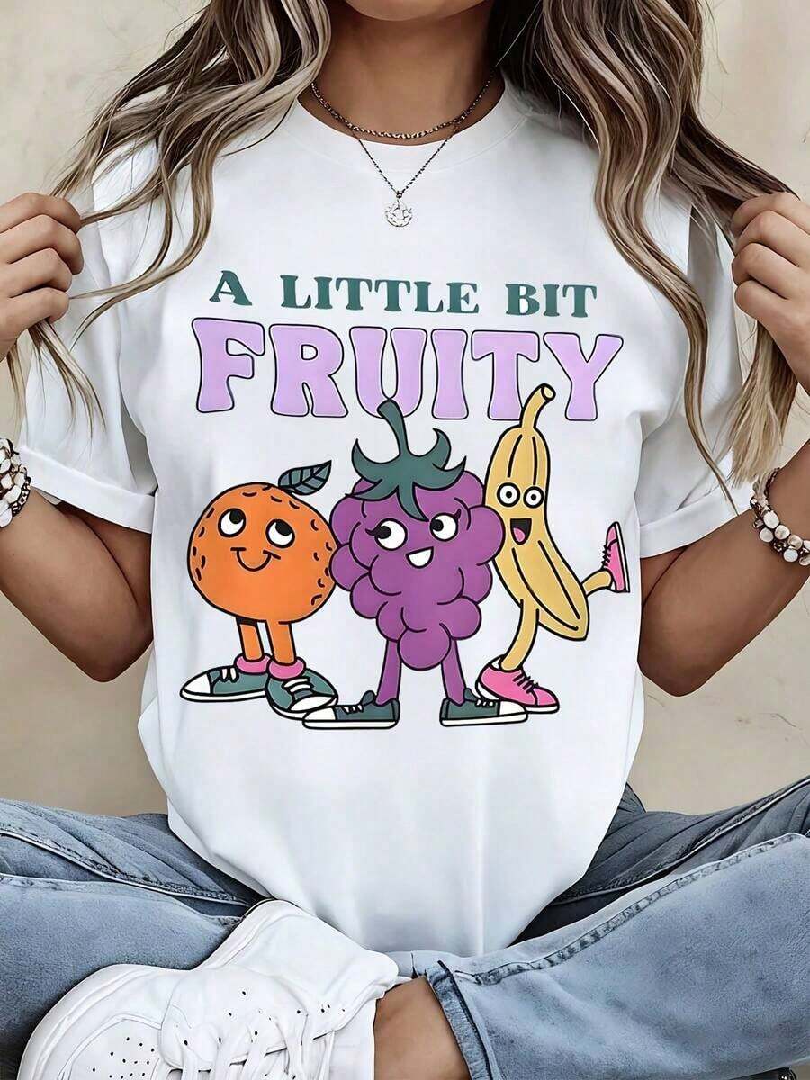 Women's Casual T-Shirt, Loose Fit, Round Neck, Short Sleeve, Cartoon Fruit Print, For Daily Wear, Summer Clothes, 100% Cotton, Durable - 白色 - 查看 1