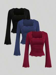 Conjunto de camiseta casual con cuello de encaje y mangas acampanadas estilo vintage francés para mujer, otoño - Multicolor 2 - Ver 6