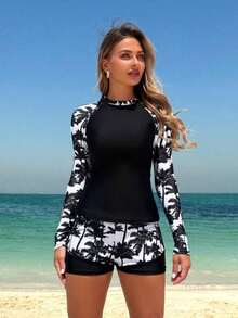Swim SPRTY Set de 2 piezas de traje de baño de mujer de verano: top de manga larga de cuello redondo con estampado de árbol de coco y short deportivo casual - Blanco y Negro - Ver 5
