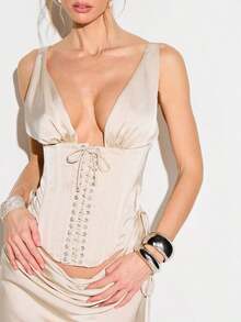 KIZN Corset de satén con escote en V profundo para mujer con detalle de cordones delanteros y tirantes ajustables para citas y ocasiones de fiesta - Albaricoque - Ver 5
