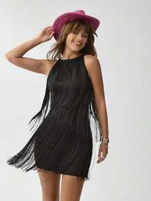 Vestido mini con cuello de halter con flecos de estilo occidental bohemio y casual para el festival de música de verano, ropa bohemia y hippie chic para mujeres, vestidos para mujeres, atuendos para conciertos de mujeres, ropa occidental para mujeres, atuendos de verano Y2K para mujeres, vestido occidental, atuendo casual hippie para mujeres - Negro - Ver 1