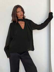 Blusa elegante de gasa con cuello en V profundo y mangas largas con lazo para mujer - Negro - Ver 7