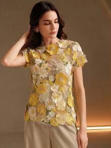 Blusa romántica con bordado en 3D de flores multicorror - Amarillo - Ver 5