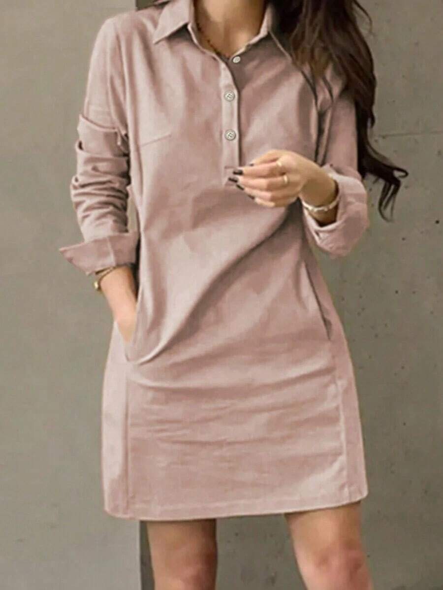Vestido corto elegante de mujer con manga larga, estilo de moda casual con solapa y decoración de botones, para primavera y otoño - Rosa vieja - Ver 1