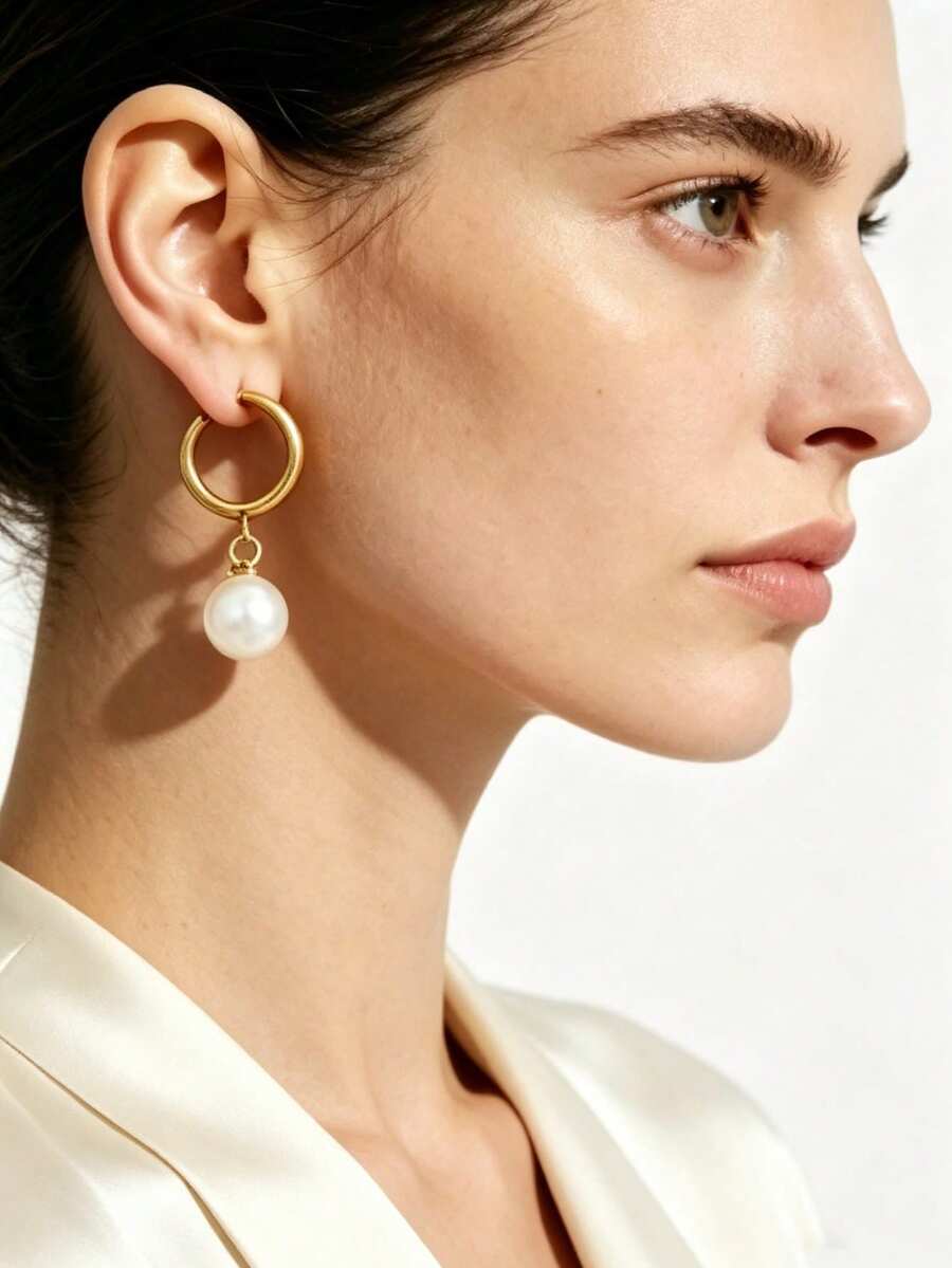1 Pair Gold Color Huggie Hoop Pendant Earrings, Delicate & Minimalist, Small Hypoallergenic Hoop Earrings With Pearl, Versatile For Casual Daily Wear, Vintage INS Style Jewelry Gift For Students, Girlfriend, Friend