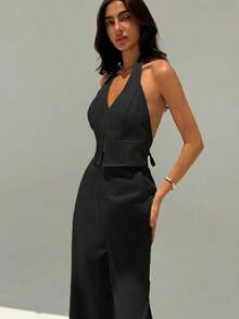 Top sin mangas con cuello en V y espalda abierta para mujer de oficina en primavera/verano y pantalones anchos de pierna, conjunto de estilismo adelgazante y alargador para ropa casual - Negro - Ver 4