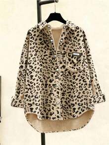 Camisa de manga larga con botones, bolsillos y estampado de leopardo de pana para vacaciones - Albaricoque - Ver 4