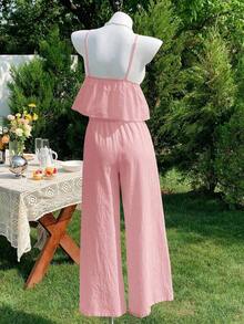 Set de 2 piezas de top de tirantes y pantalones de lino verde militar para mujer de verano - Rosa vieja - Ver 2