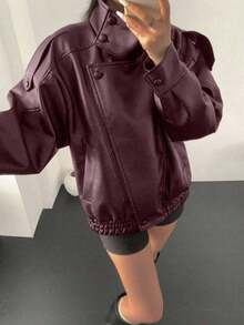 Chaqueta de cuero sintético vintage de motocicleta para mujer 2026, con cuello alto, cremallera y parches, corte holgado para invierno - Burdeos - Ver 2