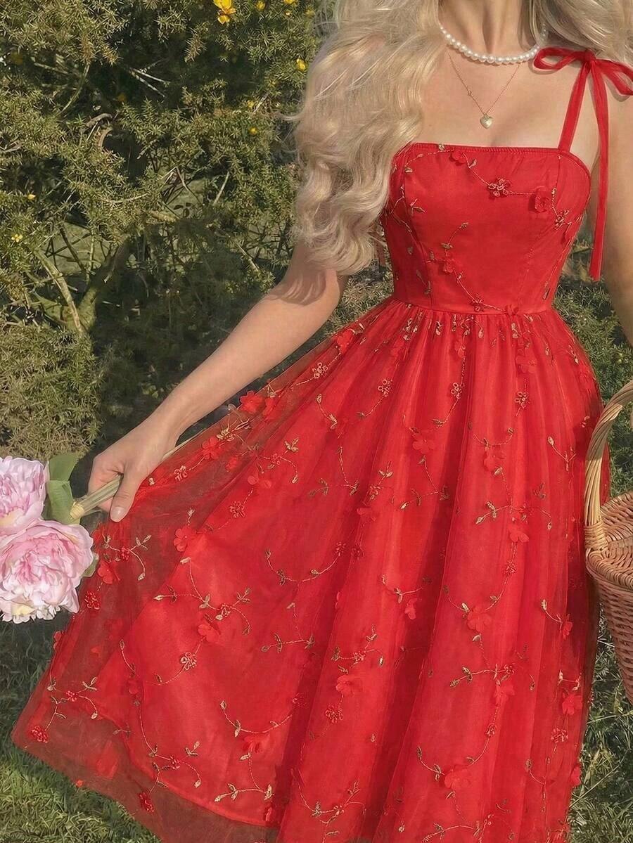 MOD Vestido de tirantes de malla con bordado floral para mujer - Rojo - Ver 1