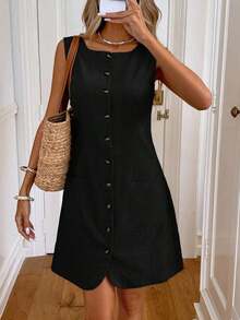 Vestido mini casual de mujer con botones y bolsillo - Negro - Ver 3