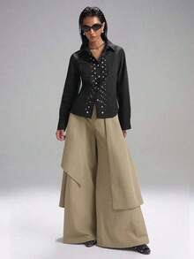2025 Nuevas Llegadas Minimalistas Otoño Falda Asimétrica Negra de Moda para Mujer + Pantalones Anchos de Pierna Ancha, Estilo Minimalista Japonés Andrógino, Silueta Minimalista Callejera, Moda Oscura Grunge, Pieza Vanguardista, Esencial de Moda de Regreso a la Escuela, Homecoming, Estilo de los 2000, Ropa de Mujer Y2K, Ropa de Calle - Caqui - Ver 5