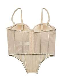 Top corset de malla transparente con lentejuelas, estilo punk gótico con pedrería, para mujer, sexy y elegante para usar en discotecas o de manera casual en verano - Albaricoque - Ver 7