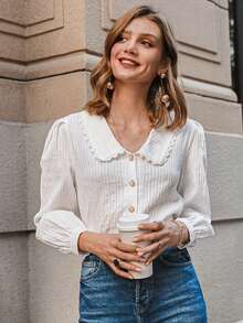 Simplee Blusa de manga abultada con cuello estilo universitario de unicolor, atuendos para maestras, regreso a la escuela en primavera blanco - Blanco - Ver 3