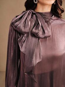 Blusa elegante y chic de cuello alto, manga larga y puños con lazo para uso diario - Morado - Ver 3