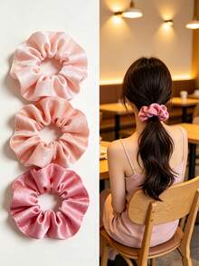 24/12/4 Pcs Bohemian Elegant Simple Shiny Satin Scrunchies/Hair Ties, Women's Hair Bun Hair Ties, Hair Protection, Fashion Silky Colorful Satin Hair Accessories Set, Women's Pink Scrunchies Casual Hair Accessories. Ponytail Elastic Hair Ties - Multicolor - View 3