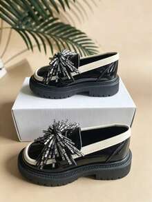 1 Pair Children Girls' Round Toe Platform Black Loafers, 2025 Spring/Autumn New Arrival, Fashion Shiny Rhinestone & Pearl Bow Decor, Soft Comfortable PU Leather, Suitable For Daily, School, Party Wear - Black - View 5