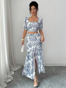 Elenzya Conjunto de blusa de manga corta con cuello cuadrado y estampado floral azul y blanco, y falda con cintura ceñida y bajo de cola de sirena.Elegante y encantador para uso diario, vacaciones, viajes, sexy, moda, citas, estilo callejero francés retro y versátil.Blusa de manga corta + conjunto de falda, base blanca con estampado azul, nuevo para primavera y verano - Multicolor 2 - Ver 7
